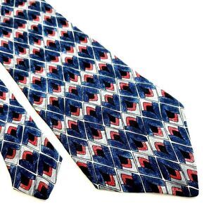 JT Beckett Blue‎ Gray Red Geometric Print Wide Silk Tie